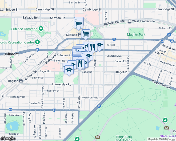 map of restaurants, bars, coffee shops, grocery stores, and more near 196 Bagot Road in Subiaco