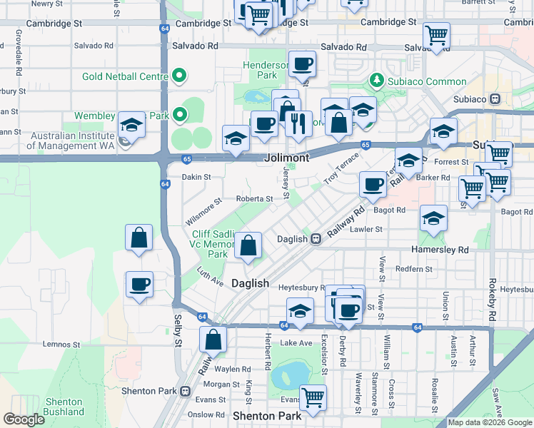 map of restaurants, bars, coffee shops, grocery stores, and more near 50 Cunningham Terrace in Daglish