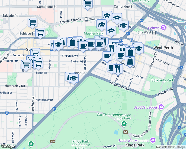 map of restaurants, bars, coffee shops, grocery stores, and more near 72 Tourist Drive 200 in West Perth