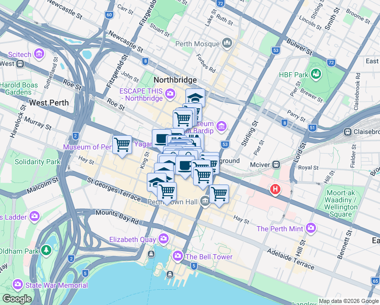 map of restaurants, bars, coffee shops, grocery stores, and more near 450 Wellington Street in Perth