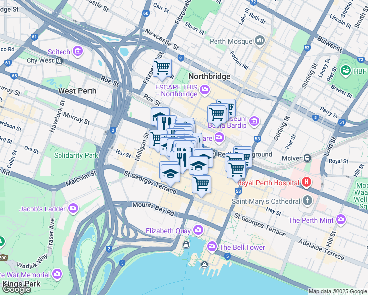 map of restaurants, bars, coffee shops, grocery stores, and more near 82 King Street in Perth