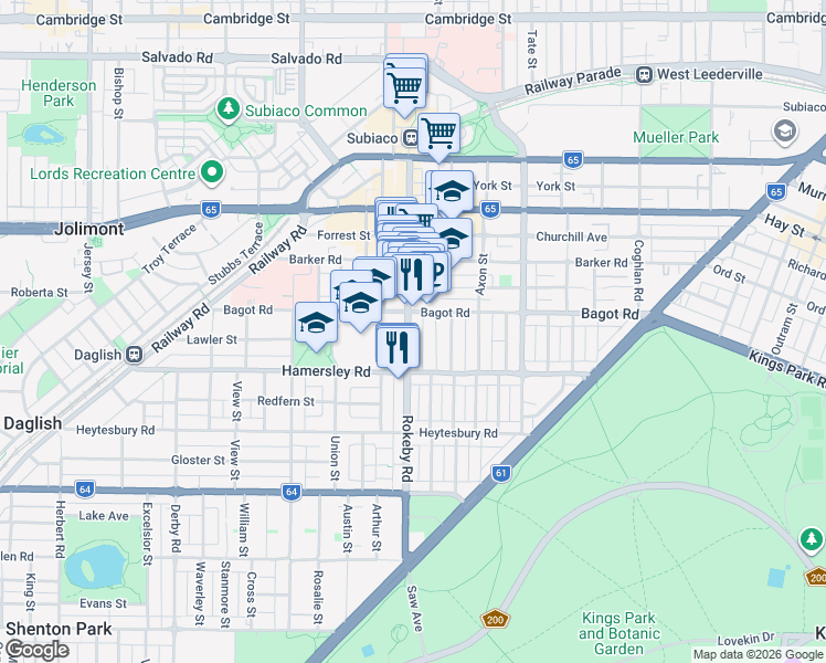 map of restaurants, bars, coffee shops, grocery stores, and more near 200 Rokeby Road in Subiaco
