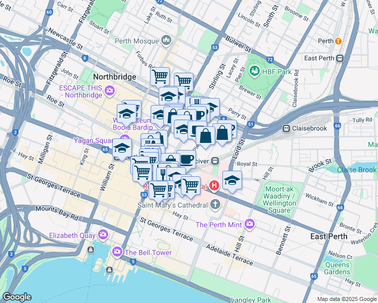map of restaurants, bars, coffee shops, grocery stores, and more near 8 James Street in Perth