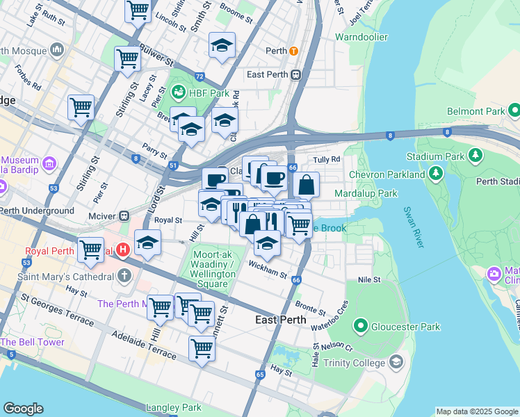 map of restaurants, bars, coffee shops, grocery stores, and more near 5 Brown Street in Perth