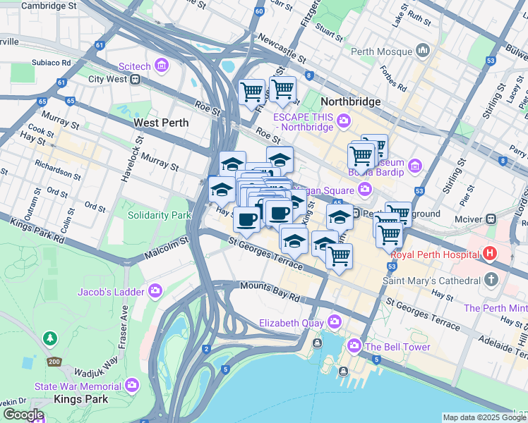 map of restaurants, bars, coffee shops, grocery stores, and more near 437 Murray Street in Perth