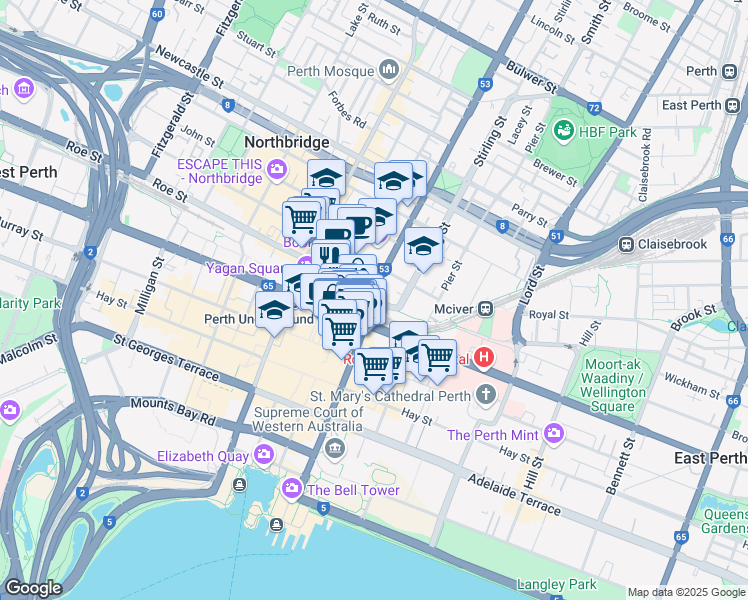 map of restaurants, bars, coffee shops, grocery stores, and more near in Perth