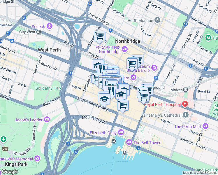 map of restaurants, bars, coffee shops, grocery stores, and more near 352 Murray Street in Perth