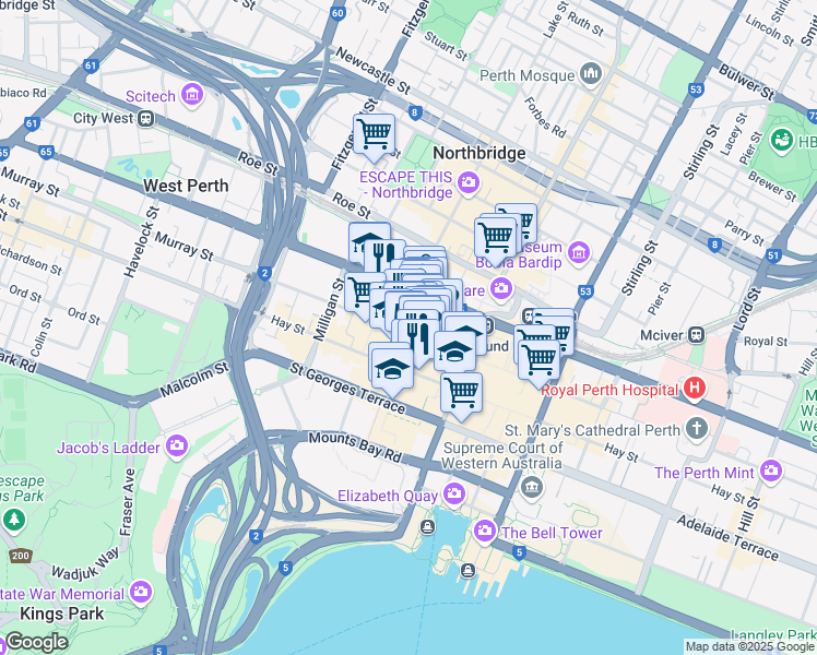 map of restaurants, bars, coffee shops, grocery stores, and more near 352 Murray Street in Perth