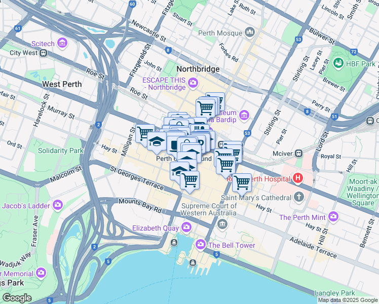 map of restaurants, bars, coffee shops, grocery stores, and more near 300 Murray Street in Perth