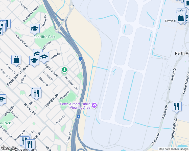 map of restaurants, bars, coffee shops, grocery stores, and more near Dunreath Drive in Perth Airport