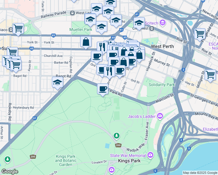map of restaurants, bars, coffee shops, grocery stores, and more near 34 Kings Park Road in West Perth