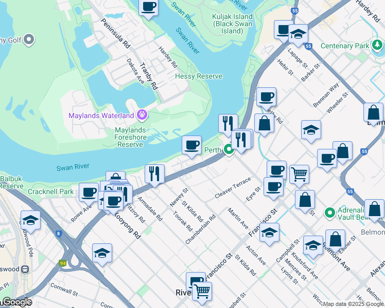 map of restaurants, bars, coffee shops, grocery stores, and more near 12 Tanunda Drive in Rivervale