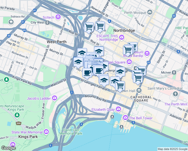map of restaurants, bars, coffee shops, grocery stores, and more near 437 Murray Street in Perth