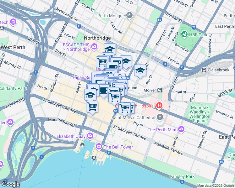 map of restaurants, bars, coffee shops, grocery stores, and more near 450 Wellington Street in Perth