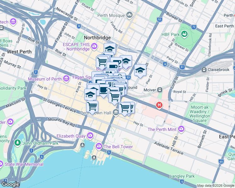 map of restaurants, bars, coffee shops, grocery stores, and more near 200 Murray Street in Perth