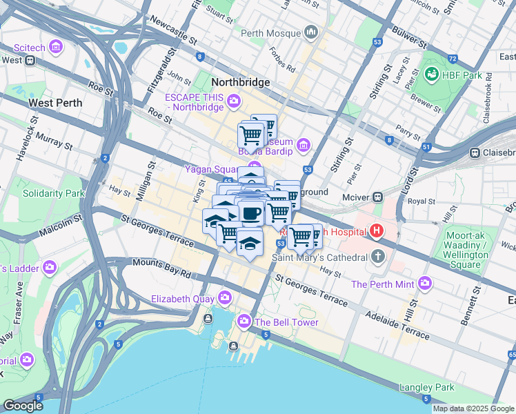 map of restaurants, bars, coffee shops, grocery stores, and more near 3 Forrest Place in Perth