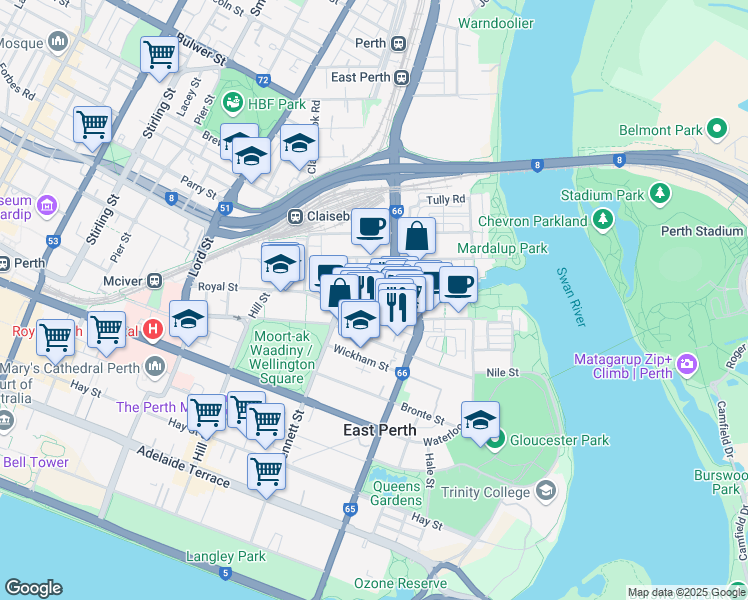 map of restaurants, bars, coffee shops, grocery stores, and more near Eastbrook Terrace in East Perth