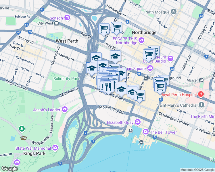 map of restaurants, bars, coffee shops, grocery stores, and more near 905 Hay Street in Perth