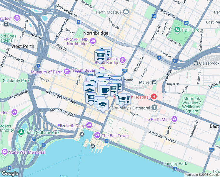 map of restaurants, bars, coffee shops, grocery stores, and more near 200 Murray Street in Perth