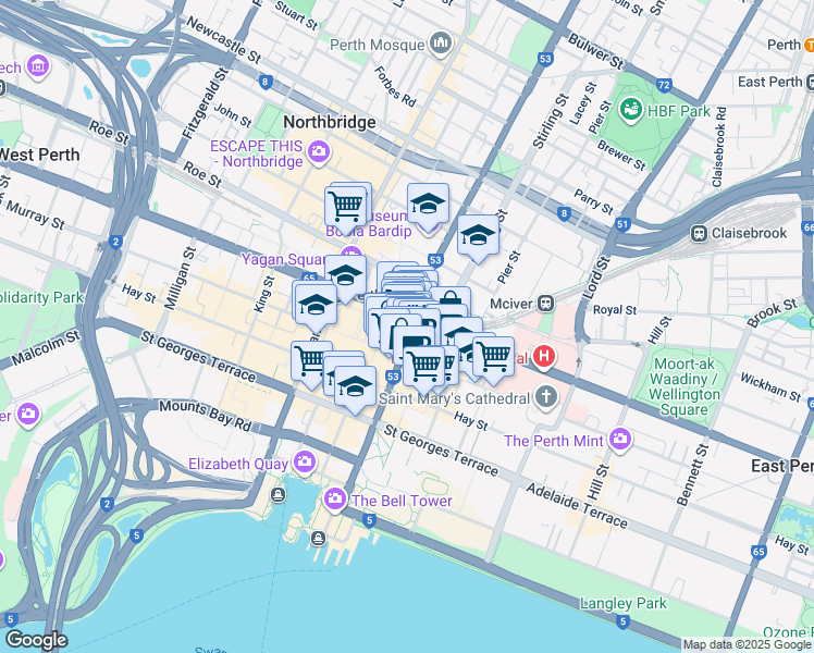map of restaurants, bars, coffee shops, grocery stores, and more near 143 Barrack Street in Perth