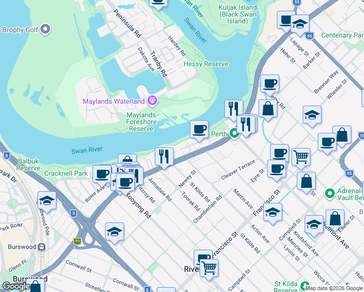 map of restaurants, bars, coffee shops, grocery stores, and more near 18 Tanunda Drive in Rivervale