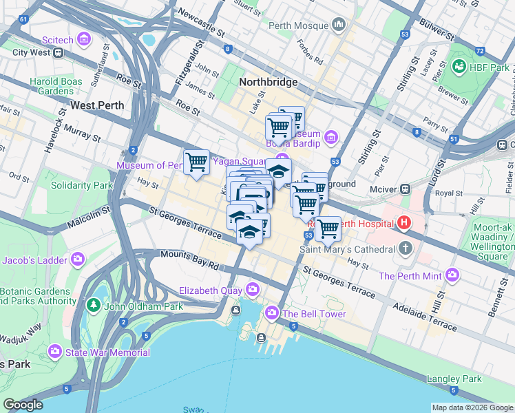 map of restaurants, bars, coffee shops, grocery stores, and more near 97 William Street in Perth