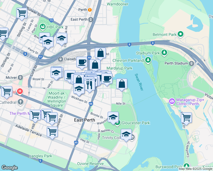 map of restaurants, bars, coffee shops, grocery stores, and more near 20 Royal Street in East Perth