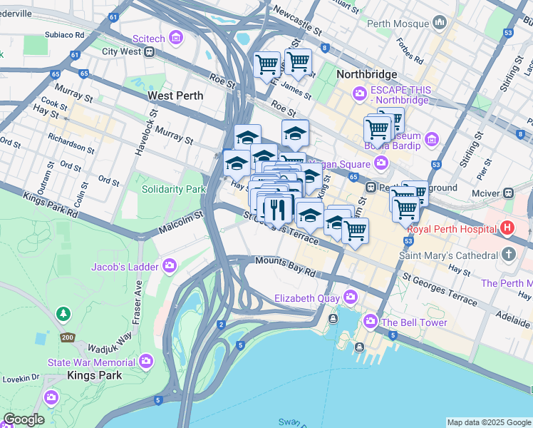 map of restaurants, bars, coffee shops, grocery stores, and more near 240 Saint Georges Terrace in Perth