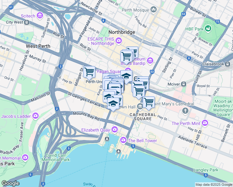 map of restaurants, bars, coffee shops, grocery stores, and more near 95 William Street in Perth