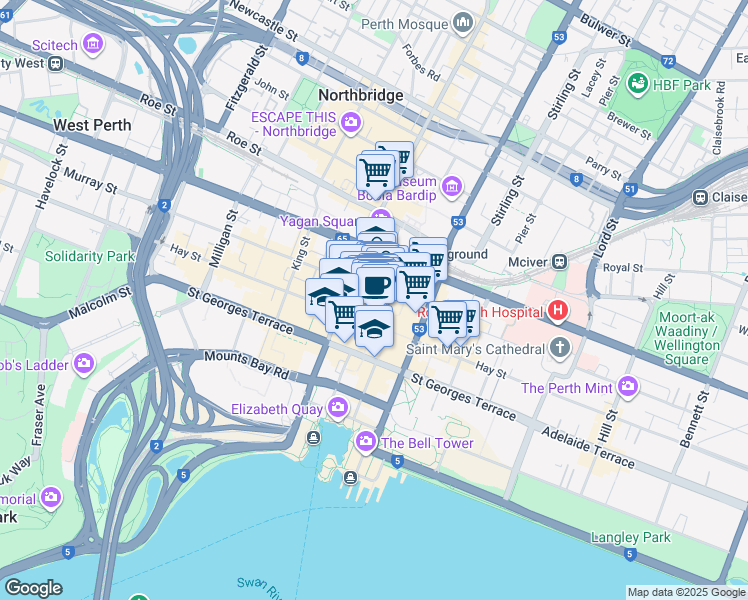 map of restaurants, bars, coffee shops, grocery stores, and more near 227 Murray Street Mall in Perth