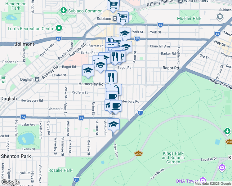 map of restaurants, bars, coffee shops, grocery stores, and more near 300 Rokeby Road in Subiaco