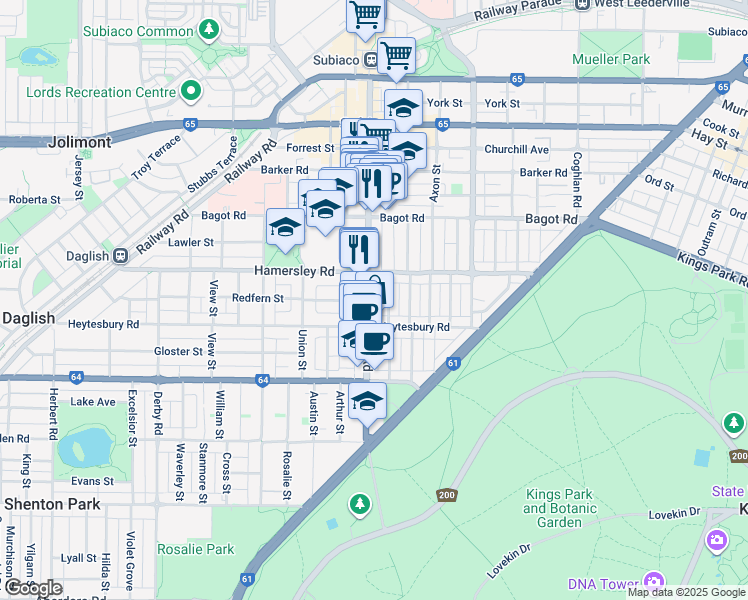 map of restaurants, bars, coffee shops, grocery stores, and more near 300 Rokeby Road in Subiaco
