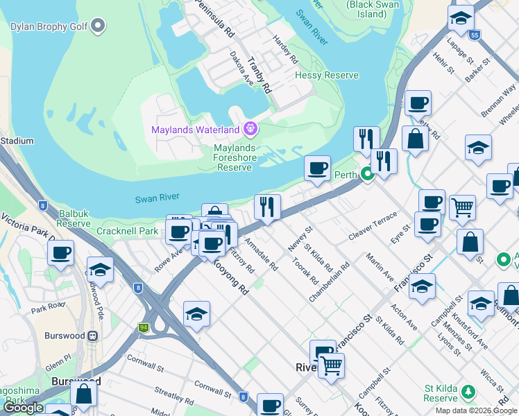 map of restaurants, bars, coffee shops, grocery stores, and more near 62 Great Eastern Highway in Rivervale