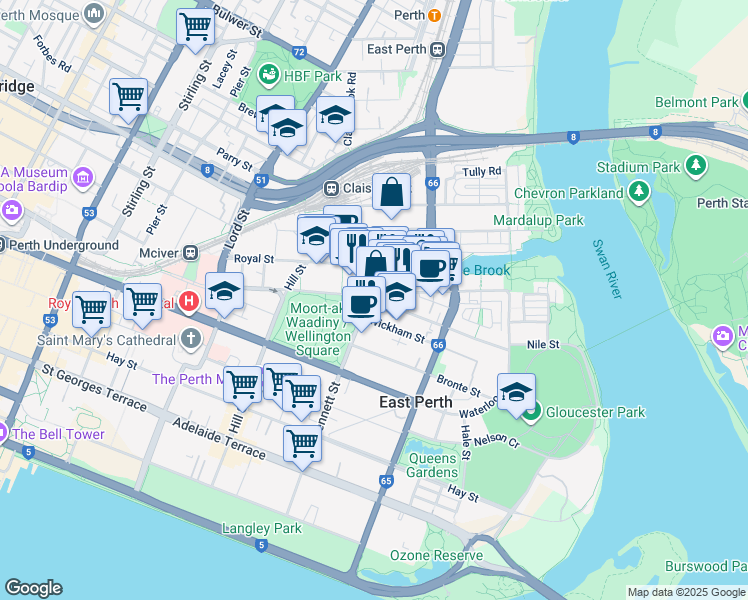 map of restaurants, bars, coffee shops, grocery stores, and more near 70 Wittenoom Street in East Perth