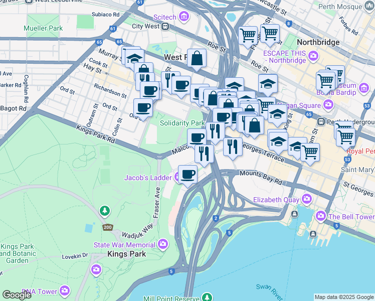 map of restaurants, bars, coffee shops, grocery stores, and more near 47 Malcolm Street in West Perth