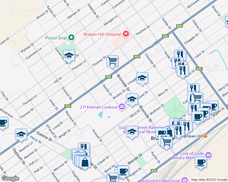 map of restaurants, bars, coffee shops, grocery stores, and more near in Broken Hill