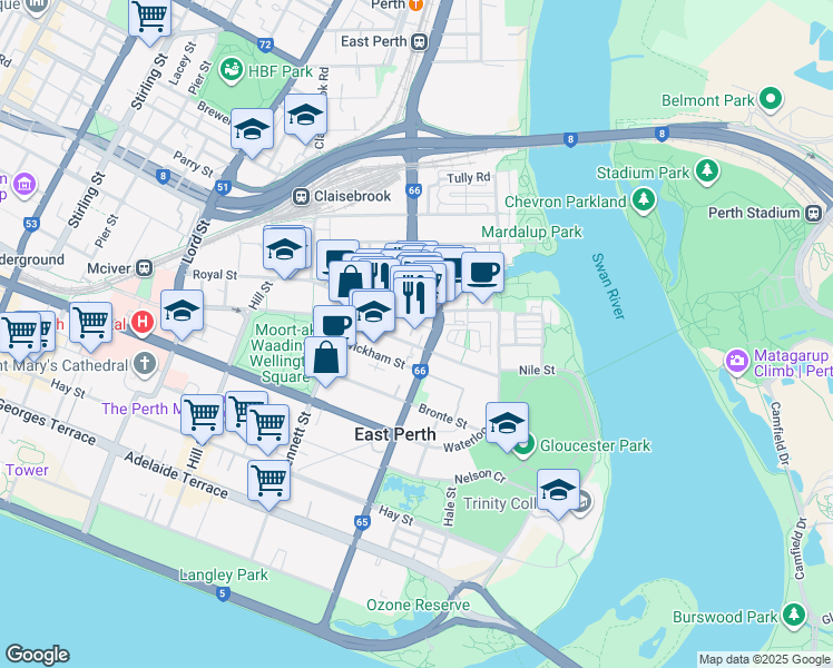 map of restaurants, bars, coffee shops, grocery stores, and more near 11 Regal Place in East Perth