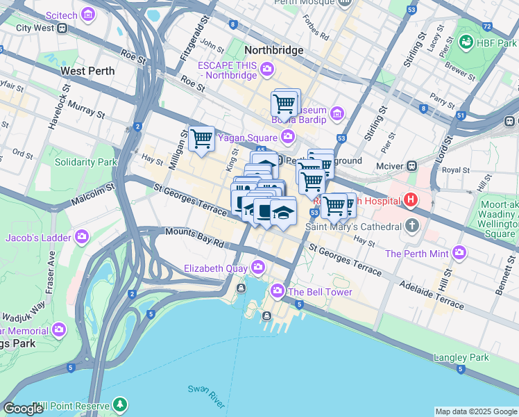 map of restaurants, bars, coffee shops, grocery stores, and more near 58 William Street in Perth