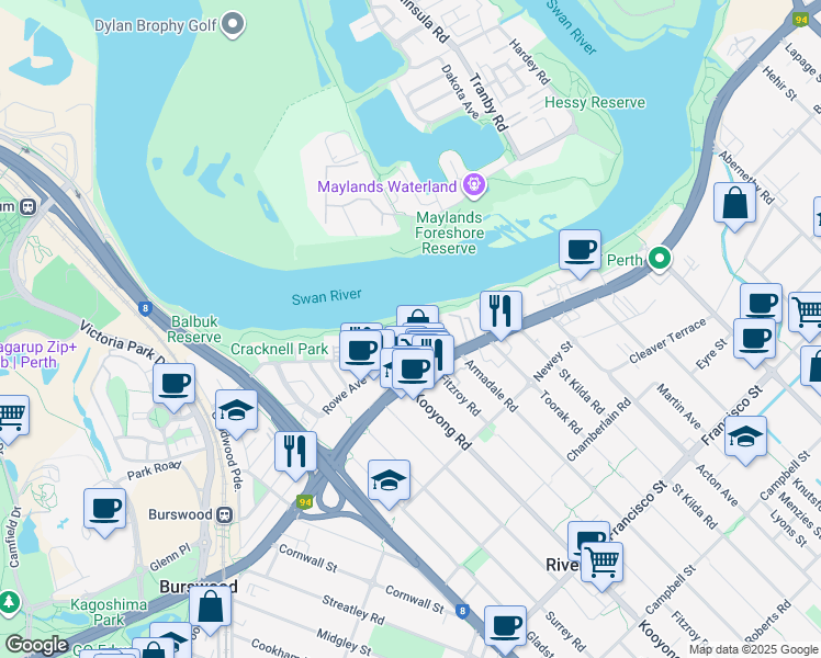 map of restaurants, bars, coffee shops, grocery stores, and more near 6 Minora Place in Rivervale