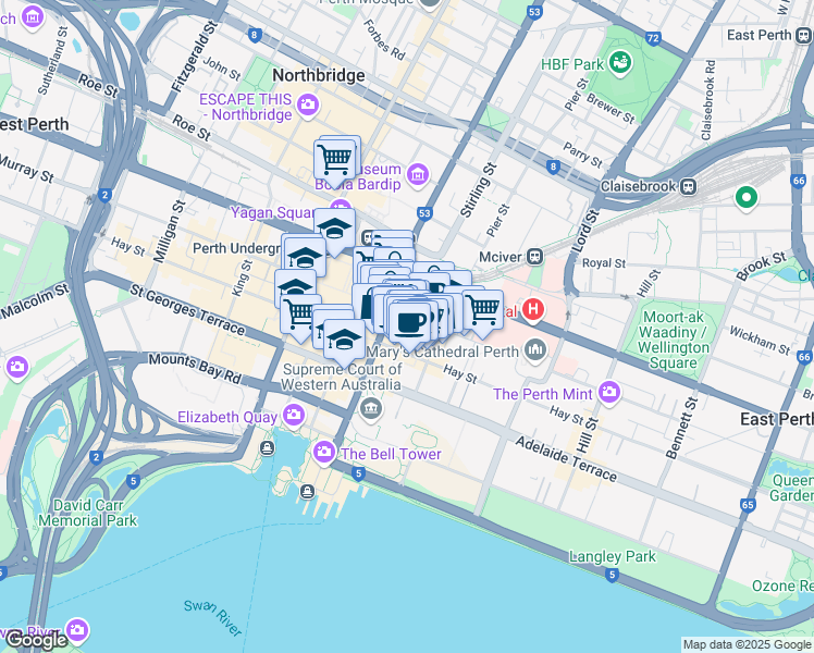 map of restaurants, bars, coffee shops, grocery stores, and more near 125 Murray Street in Perth