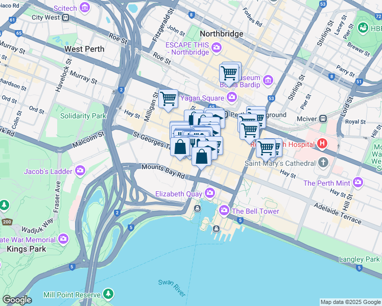 map of restaurants, bars, coffee shops, grocery stores, and more near 123A Saint Georges Terrace in Perth