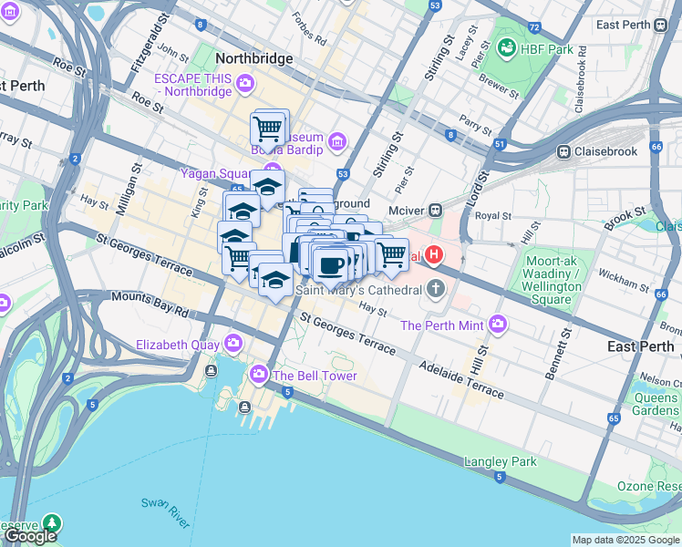 map of restaurants, bars, coffee shops, grocery stores, and more near 101 Murray Street in Perth