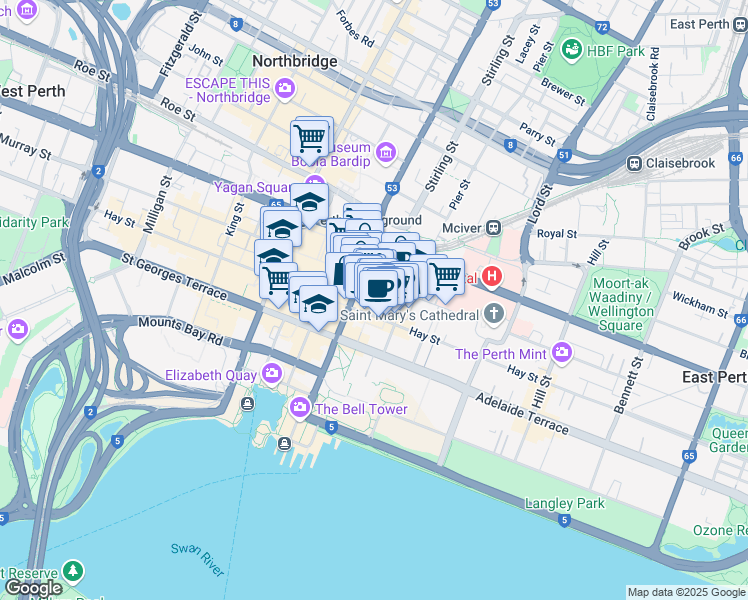 map of restaurants, bars, coffee shops, grocery stores, and more near 125 Murray Street in Perth