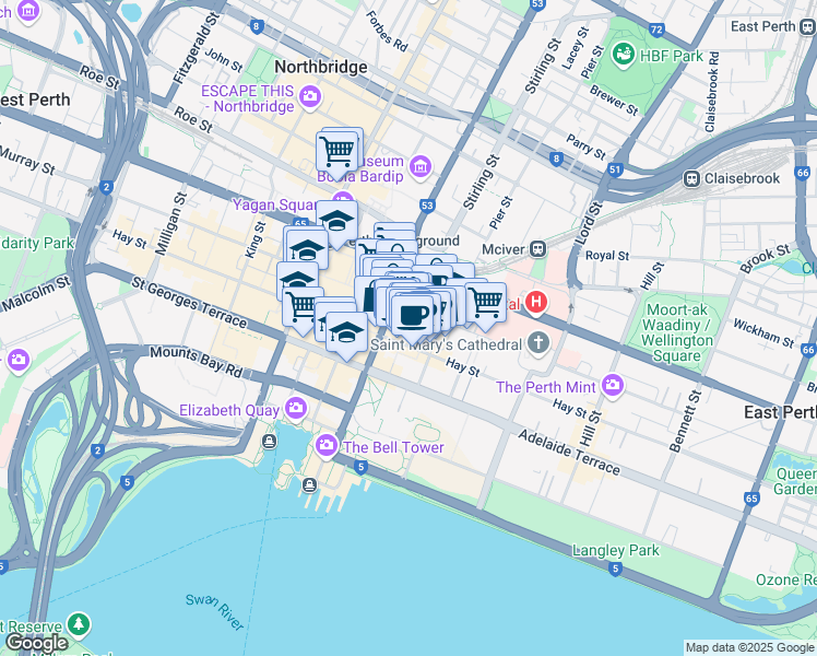 map of restaurants, bars, coffee shops, grocery stores, and more near 121-133 Murray Street in Perth