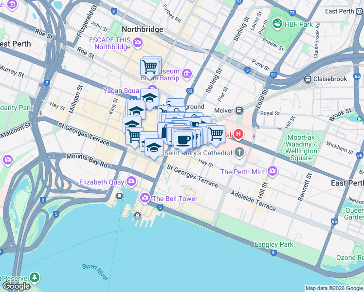 map of restaurants, bars, coffee shops, grocery stores, and more near 113 Murray Street in Perth