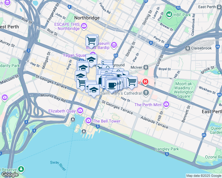 map of restaurants, bars, coffee shops, grocery stores, and more near 121-133 Murray Street in Perth