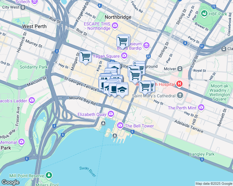 map of restaurants, bars, coffee shops, grocery stores, and more near 100 Saint Georges Terrace in Perth