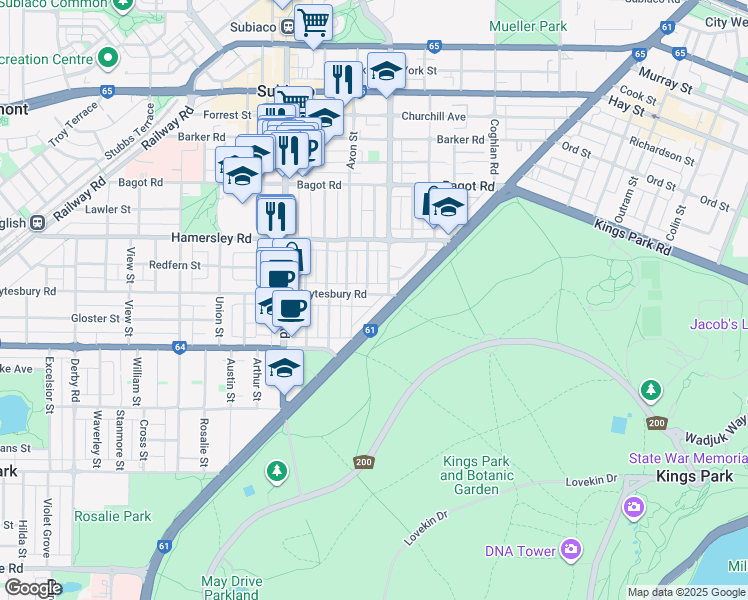 map of restaurants, bars, coffee shops, grocery stores, and more near 11 Heytesbury Road in Subiaco