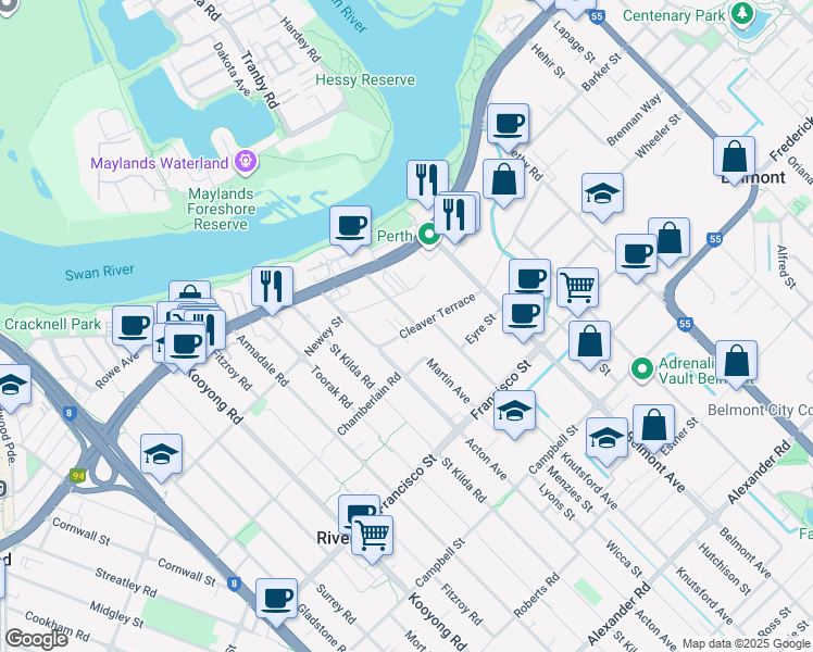 map of restaurants, bars, coffee shops, grocery stores, and more near 13 Cleaver Terrace in Rivervale