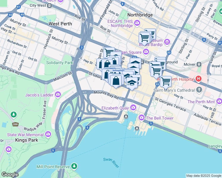 map of restaurants, bars, coffee shops, grocery stores, and more near Mercantile Lane in Perth